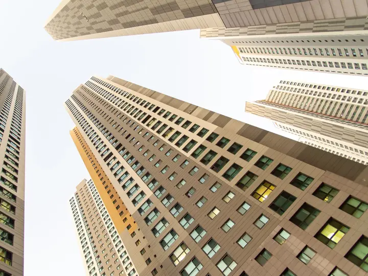 Office towers seen from street level